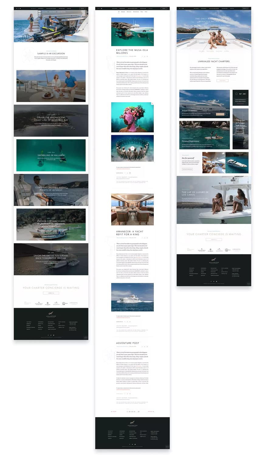 Three screenshots of the Amanecer Yacht Charters website