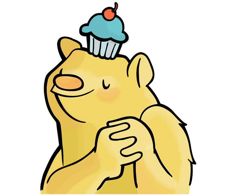Sweet Ali's Cupcake Bear Mascot with a blue cupcake on it's head