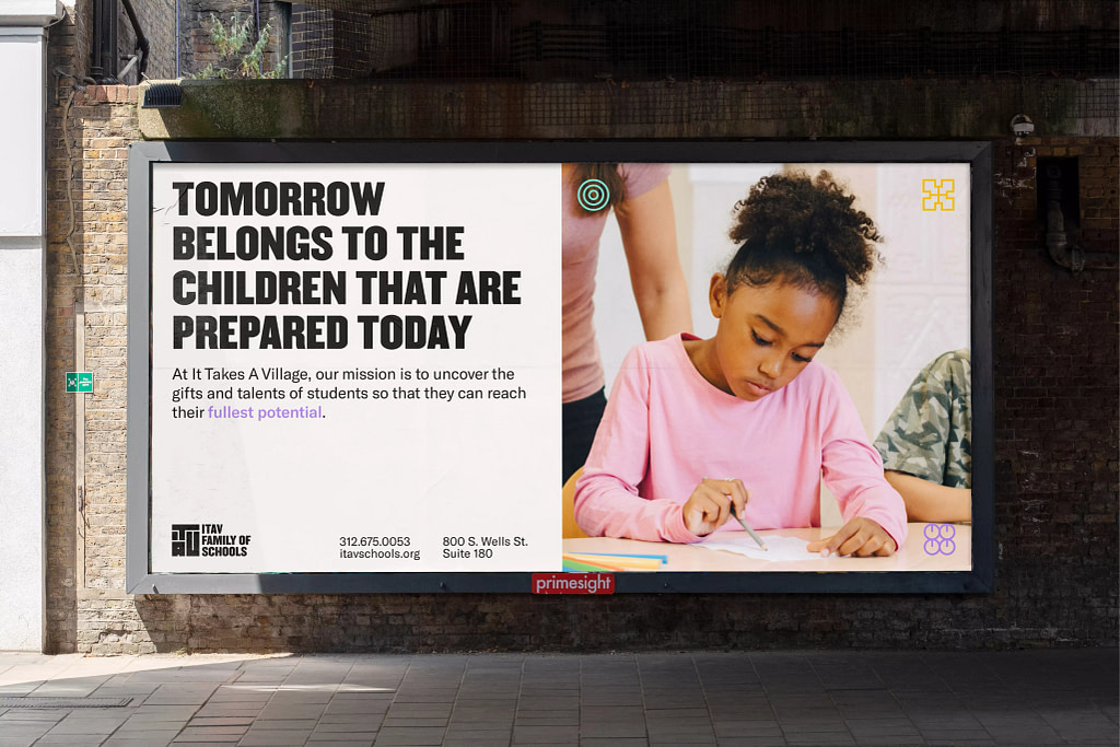 Image of promotional OOH billboard for It Takes a Village Family of Schools